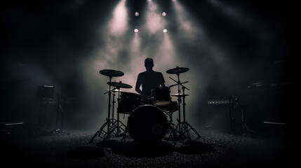 Silhouette of a drummer behind a drum kit in a dark