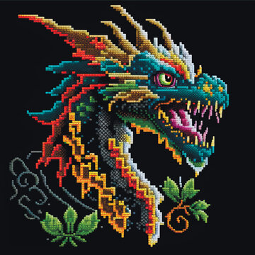 Pixel art embroidery style textured mosaic vector chinese dragon pattern background illustration. Colorful ornamental tapestry bright chinese zodiac sign 2024 year symbol. Grunge embroidered texture
