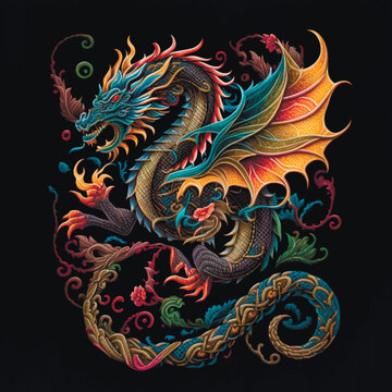 Embroidery style textured bright vector chinese dragon pattern background illustration. Colorful ornamental tapestry chinese dragon zodiac sign 2024 year symbol. Grunge embroidered ornate texture