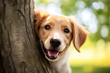 Happy dog looking out of the tree at summer - obrazy, fototapety, plakaty