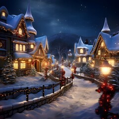 Christmas and New Year's night in the village. Beautiful winter landscape.