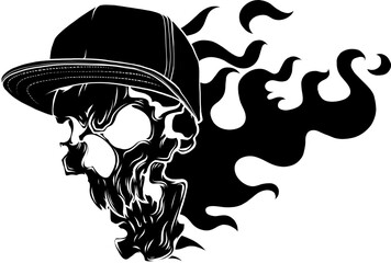 black silhouette of Angry skull with hat and flames on white background