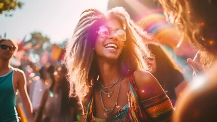 Beautiful young millennial at outdoor festival. Happy young people dancing at music festival event Party and entertainment concept sparkling lights sparkling lights and sunlight