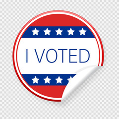 Concept of responsibility USA voting icon. Circle sticker with I voted, on American flag. Round American elections labels.