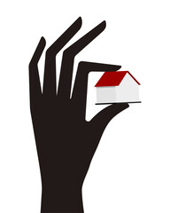 Black hand holding a house on a white background
