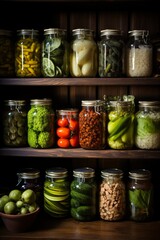 Pantry stocked with glass jars filled with homemade preserves and pickles, Generative AI