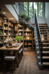 Fototapeta premium Walk-in pantry with custom-built wooden shelves, Generative AI