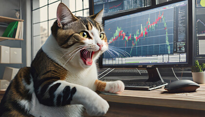 株式暴落で絶叫する猫の株式トレーダー - obrazy, fototapety, plakaty