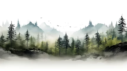 Papier Peint photo autocollant Forêt dans le brouillard morning mist in mountain forest white background wallpaper