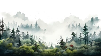 morning mist in mountain forest white background wallpaper