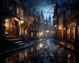 Digital painting of a street in Bruges at night, Belgium