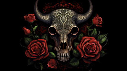 Skull of a bull and a rose. on black background