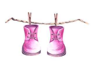 Baby pink booties, shoes with clothesline and clothes pegs. It is a girl. Watercolor painted illustration for birthday, baby shower, newborn, gender reveal party clipart. Isolated on white background