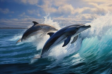 Vibrant Scene of Dolphins Soaring Out of Water, Generating Majestic Water Fountains