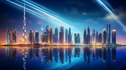 Fototapeta na wymiar Panoramic view of Dubai skyline at night, United Arab Emirates
