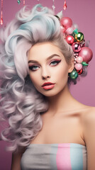 Young pretty girl with colorful hair, in the style of light silver and light magenta, xmaspunk