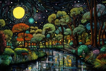 Obraz premium Tokyo park at night. Wiltshire oil illustration