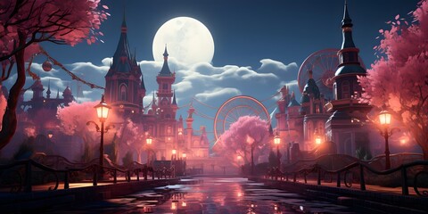 Panorama of Moscow Kremlin at night with full moon. 3D render