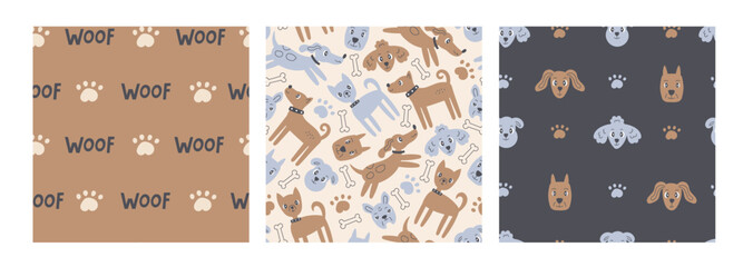Modern dog seamless patterns set for pets. Cute doggy backgrounds collection with cartoon doodle elements, bone, head, paw print. Trendy repeat vector illustration - obrazy, fototapety, plakaty