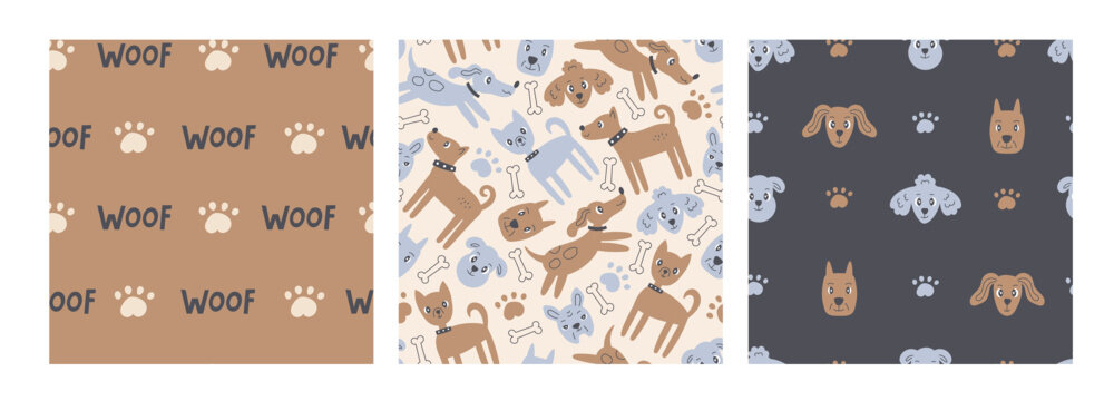 Modern dog seamless patterns set for pets. Cute doggy backgrounds collection with cartoon doodle elements, bone, head, paw print. Trendy repeat vector illustration
