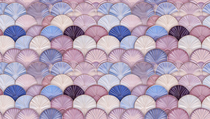 Fototapeta na wymiar Seamless Seashell Mosaic in Pastel Tones. A seamless pattern of light magenta and blue tiles with a seashell design, evoking a soft, coastal elegance
