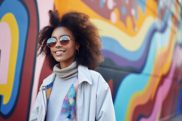 African American hipster girl smiling against the background of a wall with graffiti in the city on...