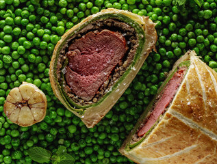  Homemade Christmas Beef Wellington as advent creation on green pees background. Food plating and aesthetic concept