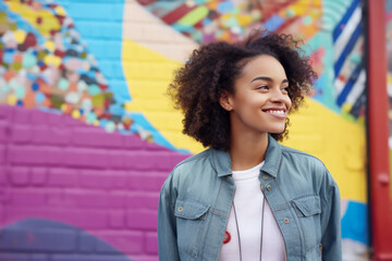 African American hipster girl smiling against the background of a wall with graffiti in the city on...
