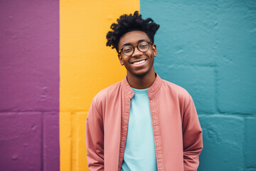 African American hipster smiling against the background of a wall with graffiti in the city on the...