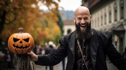 happy halloween in salzburg, austria. a 40year old bearded but bald men, with a round face is smiling funny towards the cam. he is obviously a dutchman.