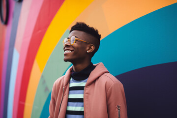 African American hipster smiling against the background of a wall with graffiti in the city on the street. Cheerful black guy  over color background. African American man
