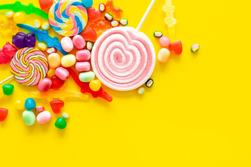 Colorful candies and gummies jelly background. Sweet food and candies pattern