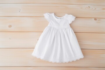 White baby dress on a wooden background. Template, mockup, flat lay. Kid, child clothes. Kids fashion