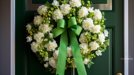 A festive St. Patrick's Day wreath made of clovers and green ribbons, St. Patrick's Day