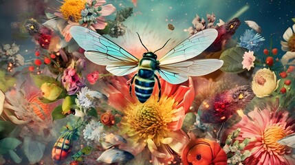Fototapeta na wymiar Colorful floral background with colorful flowers and a bee. Digital painting.