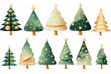 Cartoon abstract Christmas trees with gifts and balls set