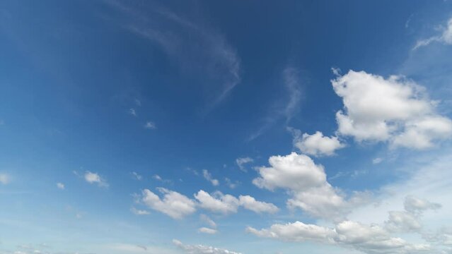 Captivating timelapse stock video of clear blue skies,Panoramic view of clear blue sky and clouds, Blue sky background with tiny clouds. White fluffy clouds in the blue sky.
