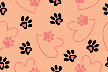Fototapeta premium Seamless drawing of a pet's paw in the heart. A trace of a pet. The concept of love.