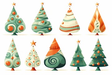 Cartoon abstract Christmas trees with gifts and balls set