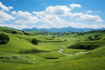 Obraz premium Peaceful meadow with rolling hills under a partly cloudy sky, Generative AI