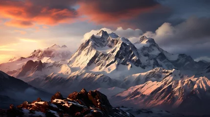 Foto op Canvas Panoramic view of snow-capped mountains at sunset. © Iman