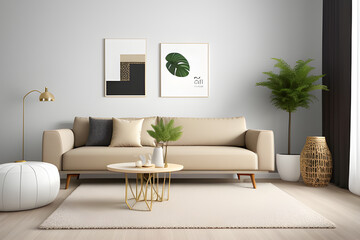 Interior design of living room with copy space, beige sofa, side table, leaf in vase, pouf, elegant accessories and boucle rug. Beige wall. Minimalist home decor. Template.