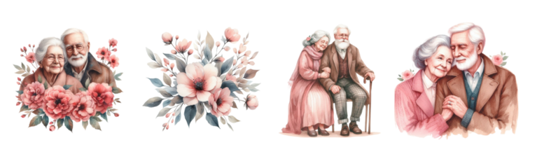 Watercolor elderly couple on white background