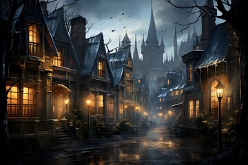 Old european city at night with fog, 3d illustration