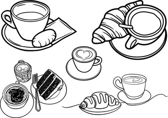Coffee cup icon set with chocolate cake, cookies, croissant, Hot drink icon. Cups of coffee tea collection. americano, Capuchino, coffee cup with heart shape latte art hand drawn vector illustration .