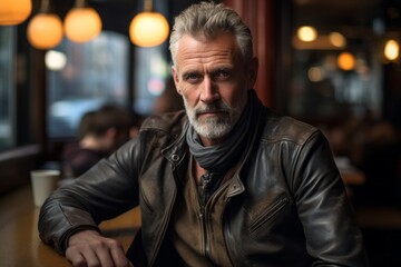 Portrait of a tender man in his 50s sporting a classic leather jacket against a bustling city cafe. AI Generation