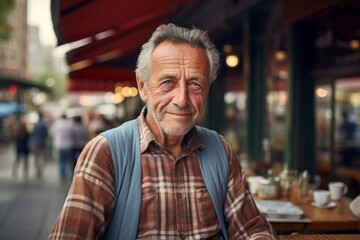 Portrait of a content man in his 70s dressed in a relaxed flannel shirt against a bustling city cafe. AI Generation