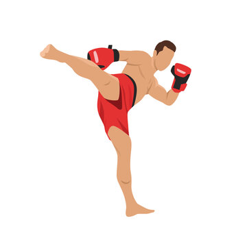 Young man kickboxer in attack stance. Flat vector illustration isolated on white background
