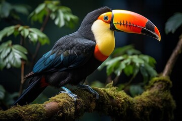 Obraz premium Colorful toucan resting on a tree branch in the rainforest, Generative AI