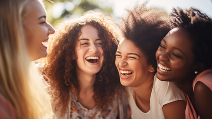 Fototapeta premium A group of young women laughing together, symbolizing joy and sisterhood, Feminism, Women day, blurred background, with copy space